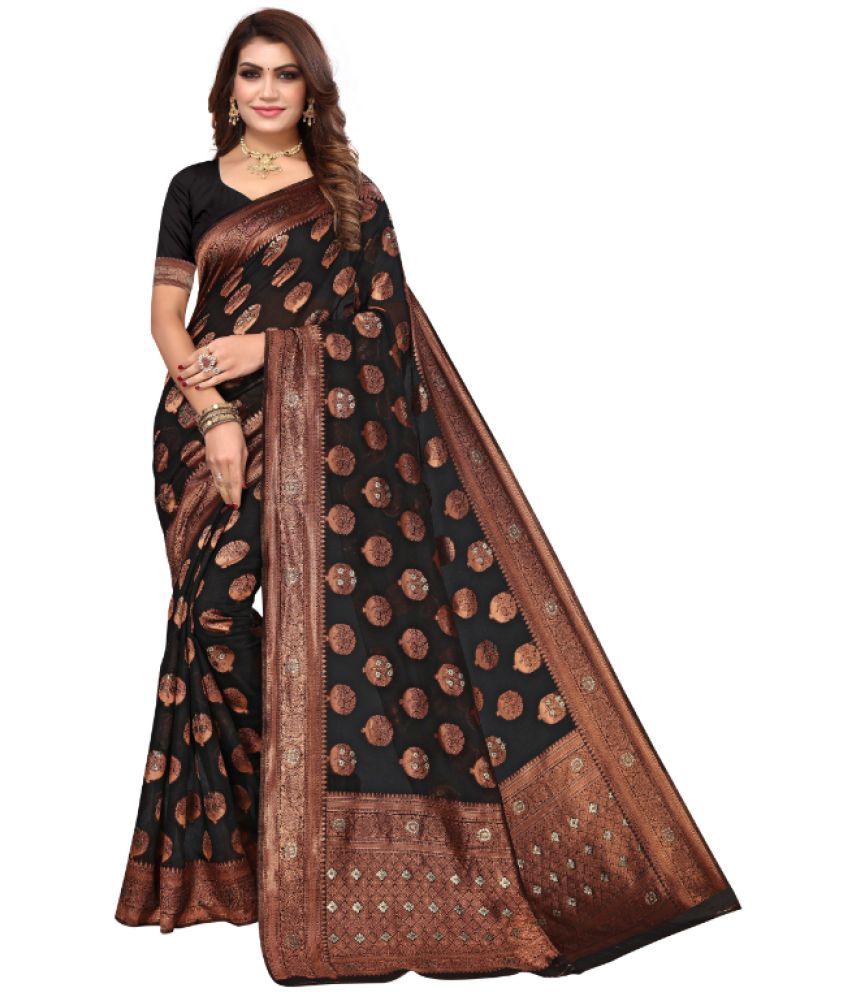     			Aadvika Banarasi Silk Printed Saree With Blouse Piece - Black ( Pack of 1 )