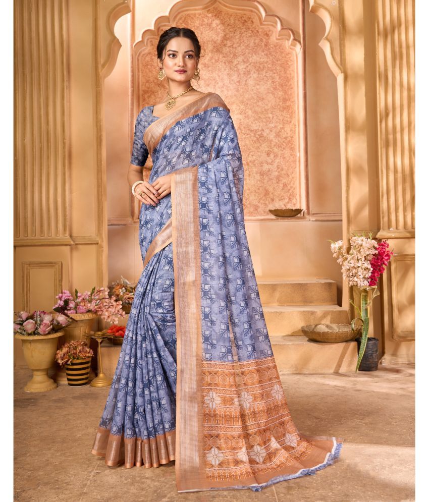     			Aadvika Linen Printed Saree With Blouse Piece - Blue ( Pack of 1 )