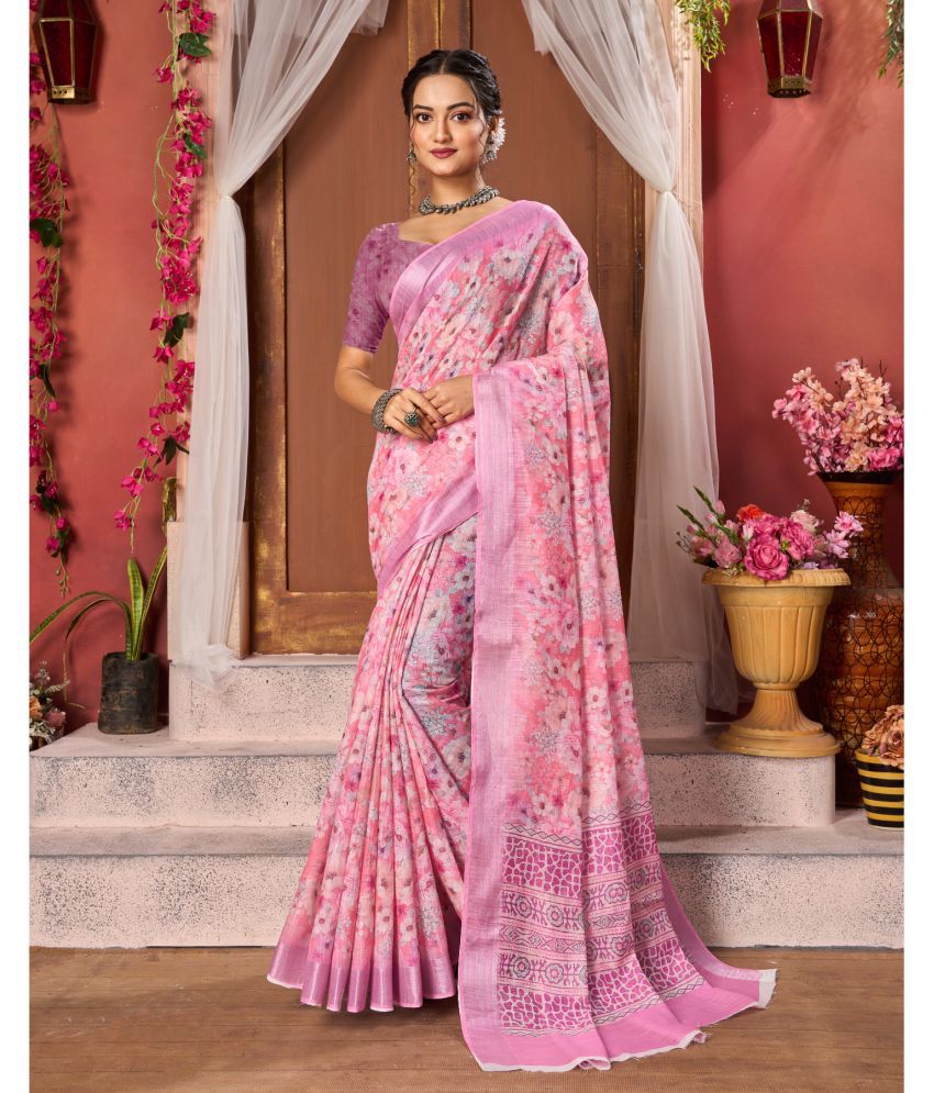     			Aadvika Linen Printed Saree With Blouse Piece - Pink ( Pack of 1 )