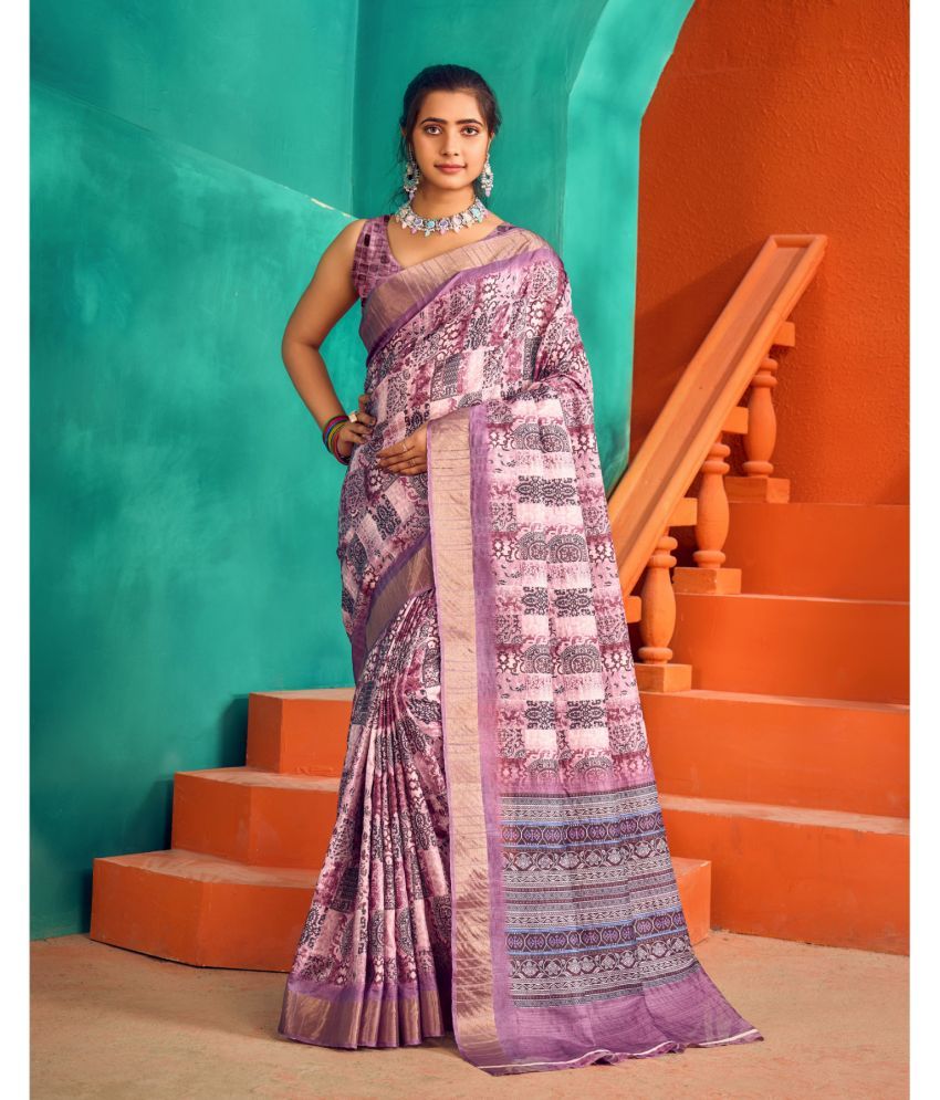     			Aadvika Satin Printed Saree With Blouse Piece - Purple ( Pack of 1 )