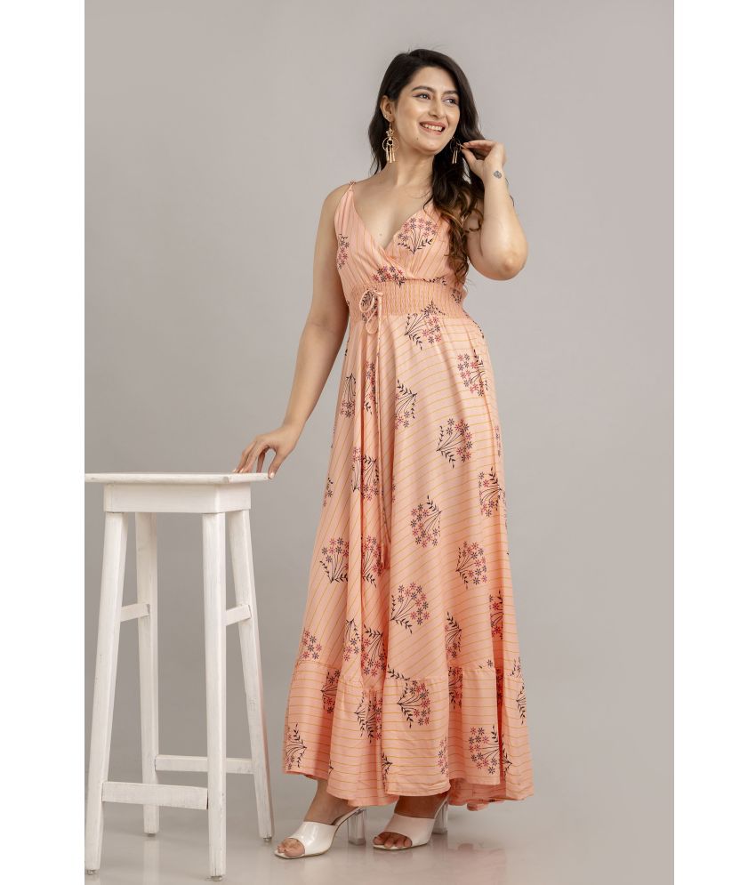     			Frionkandy Rayon Printed Ankle Length Women's Fit & Flare Dress - Peach ( Pack of 1 )