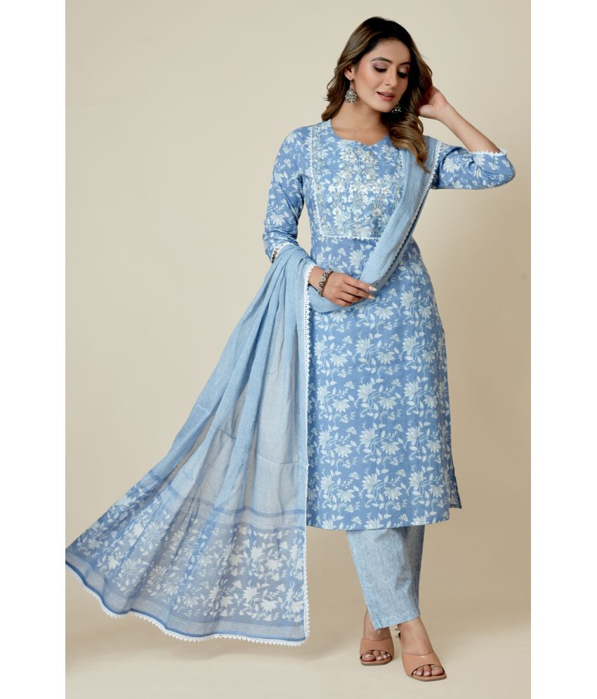     			SARRAS Cotton Printed Kurti With Pants Women's Stitched Salwar Suit - Blue ( Pack of 1 )