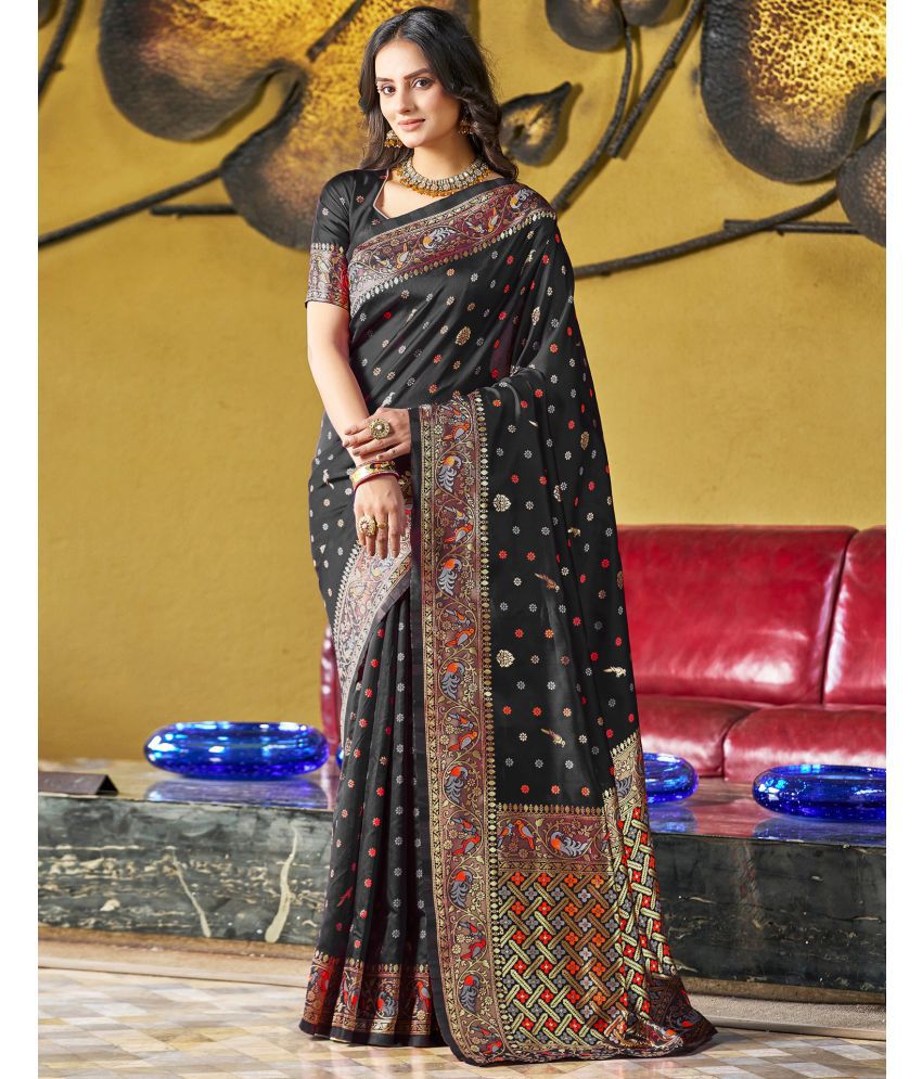     			Samah Art Silk Woven Saree With Blouse Piece - Black ( Pack of 1 )