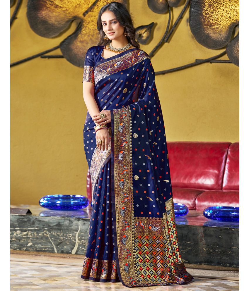     			Samah Art Silk Woven Saree With Blouse Piece - Navy Blue ( Pack of 1 )
