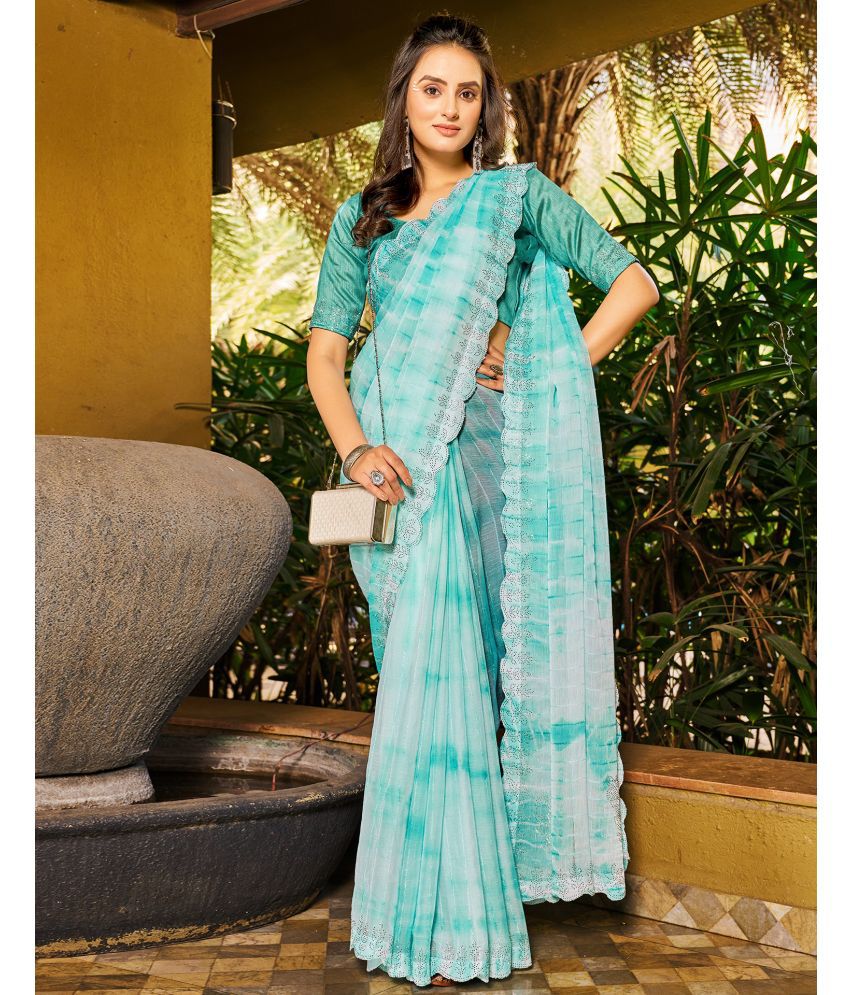     			Samah Chiffon Embellished Saree With Blouse Piece - Turquoise ( Pack of 1 )