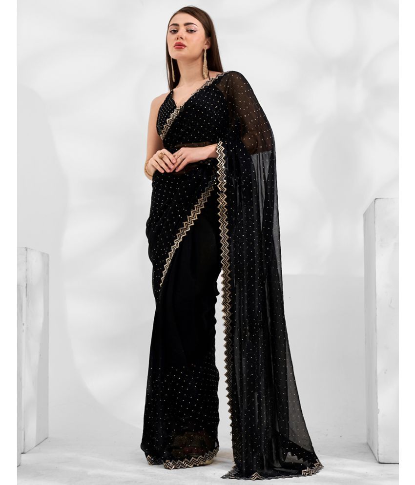     			Samah Chiffon Embellished Saree With Blouse Piece - Black ( Pack of 1 )