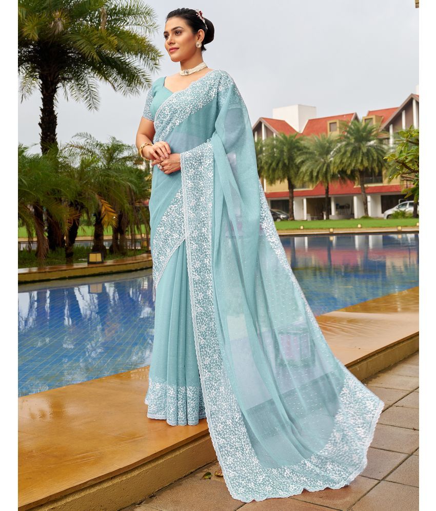     			Samah Chiffon Embroidered Saree With Blouse Piece - Turquoise ( Pack of 1 )