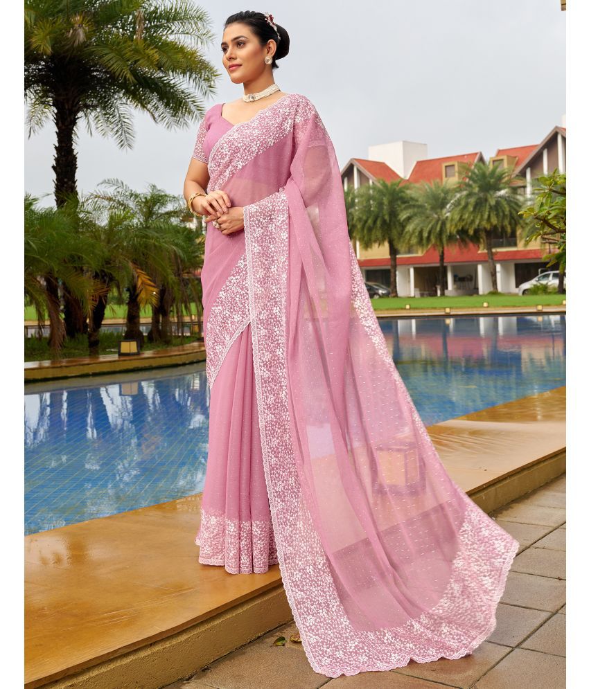     			Samah Chiffon Embroidered Saree With Blouse Piece - Pink ( Pack of 1 )