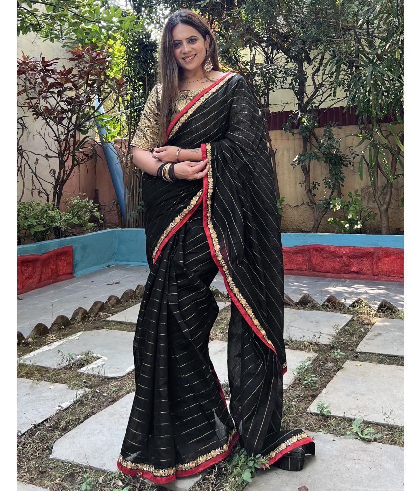     			Samah Cotton Blend Striped Saree With Blouse Piece - Black ( Pack of 1 )