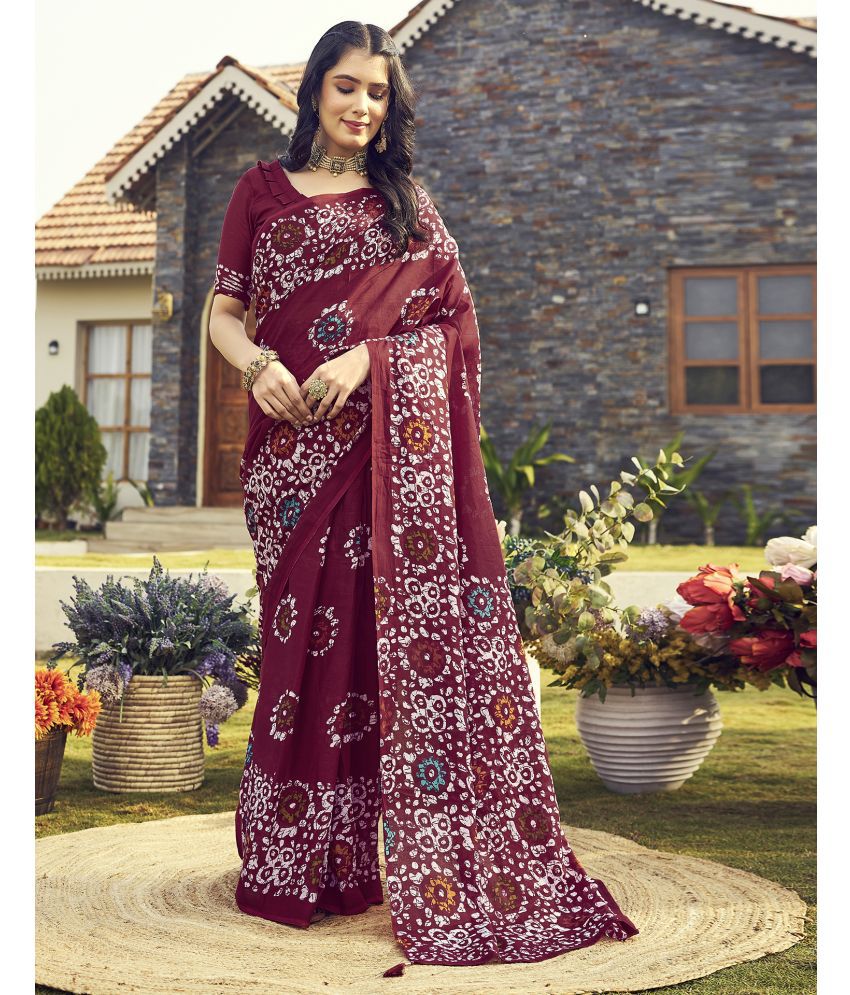     			Samah Cotton Printed Saree With Blouse Piece - Maroon ( Pack of 1 )