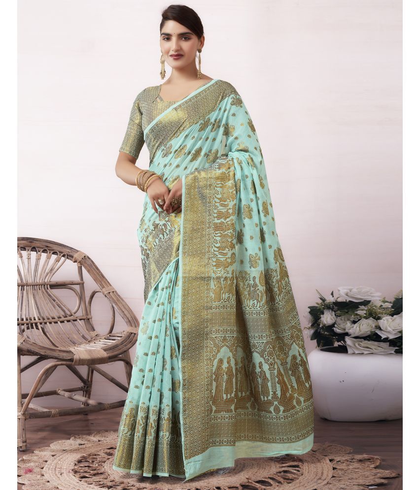     			Samah Cotton Silk Woven Saree With Blouse Piece - Blue ( Pack of 1 )