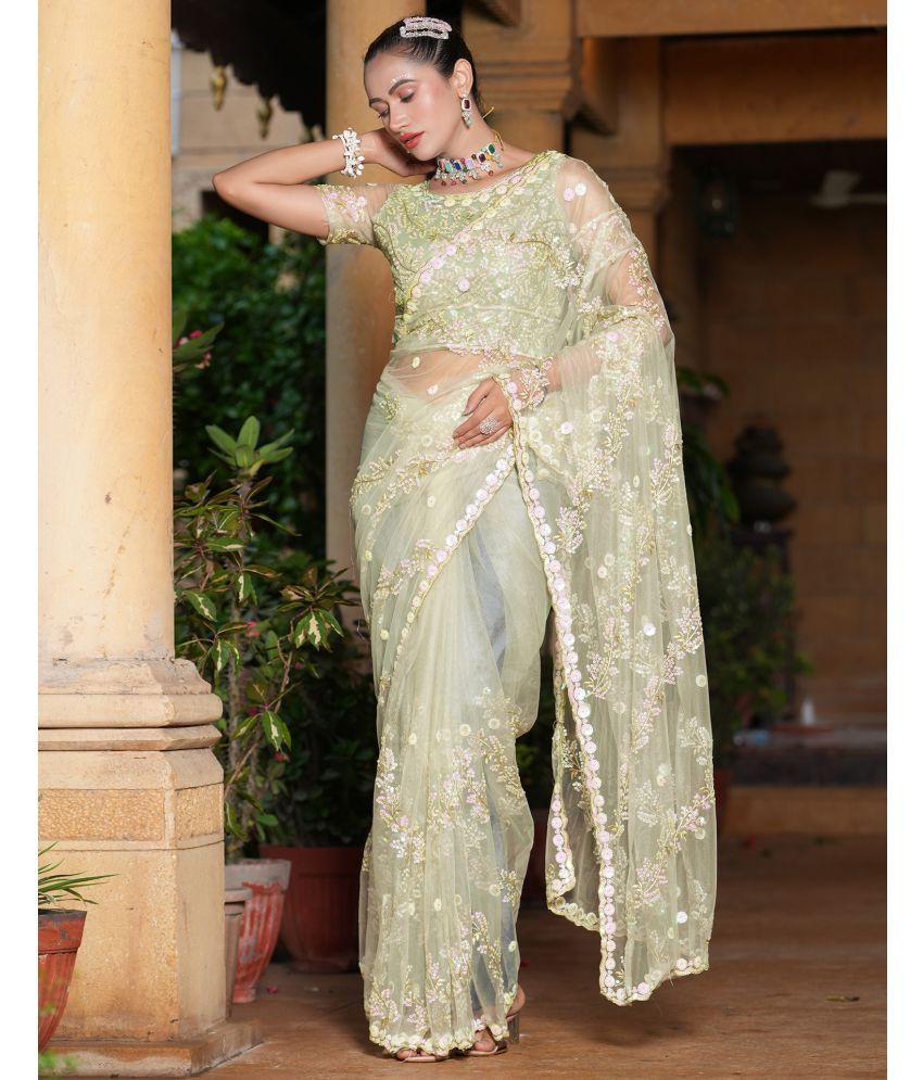     			Samah Net Embroidered Saree With Blouse Piece - Light Green ( Pack of 1 )