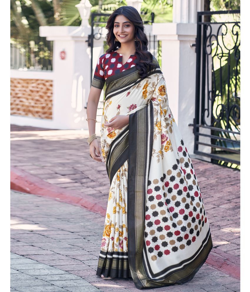     			Samah Silk Printed Saree With Blouse Piece - Off White ( Pack of 1 )