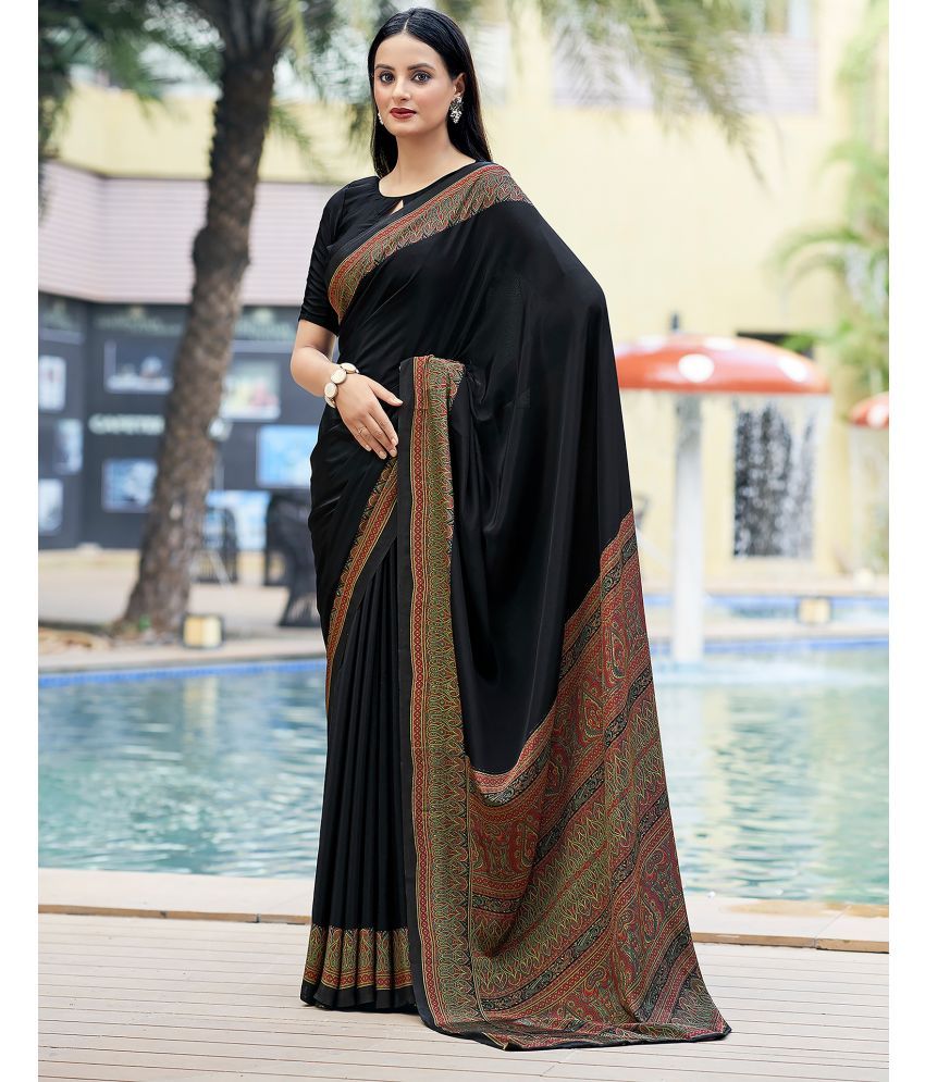     			Samah Silk Printed Saree With Blouse Piece - Black ( Pack of 1 )