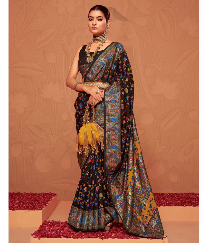     			Samah Silk Printed Saree With Blouse Piece - Black ( Pack of 1 )