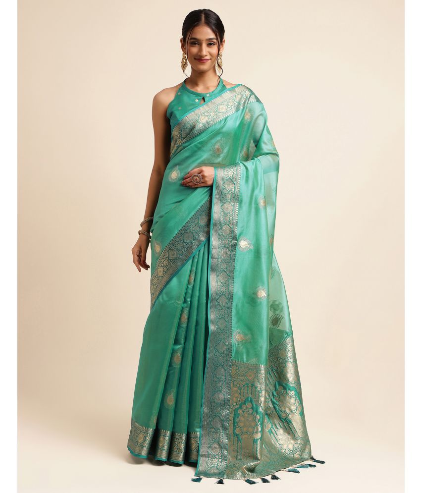     			Samah Silk Woven Saree With Blouse Piece - Teal ( Pack of 1 )