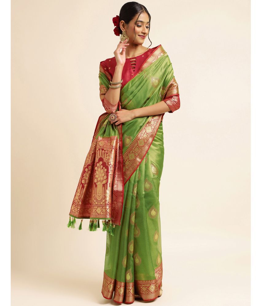     			Samah Silk Woven Saree With Blouse Piece - Olive ( Pack of 1 )