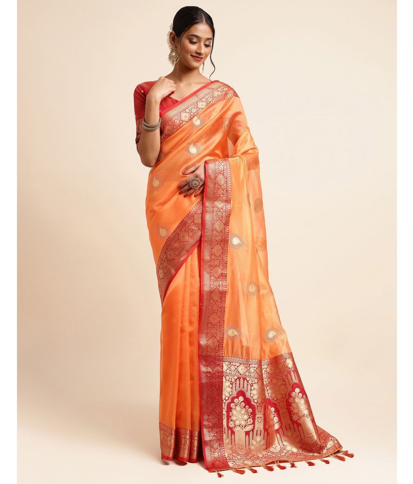     			Samah Silk Woven Saree With Blouse Piece - Orange ( Pack of 1 )