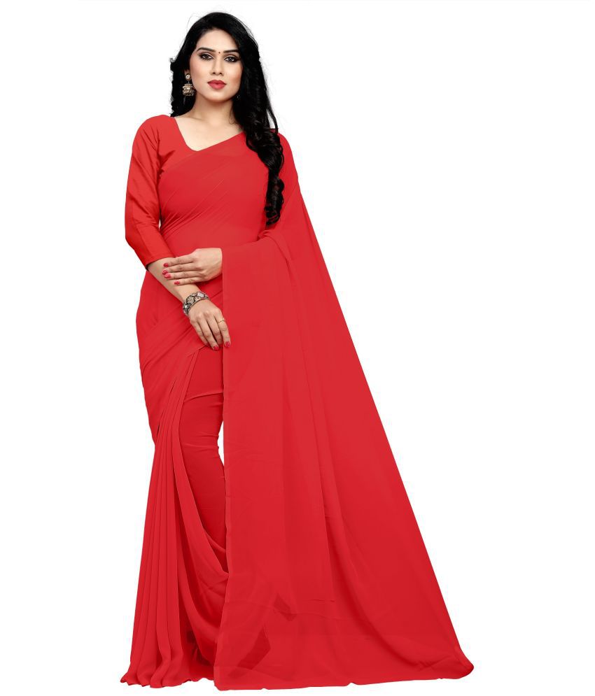     			Sidhidata Georgette Solid Saree With Blouse Piece - Red ( Pack of 1 )