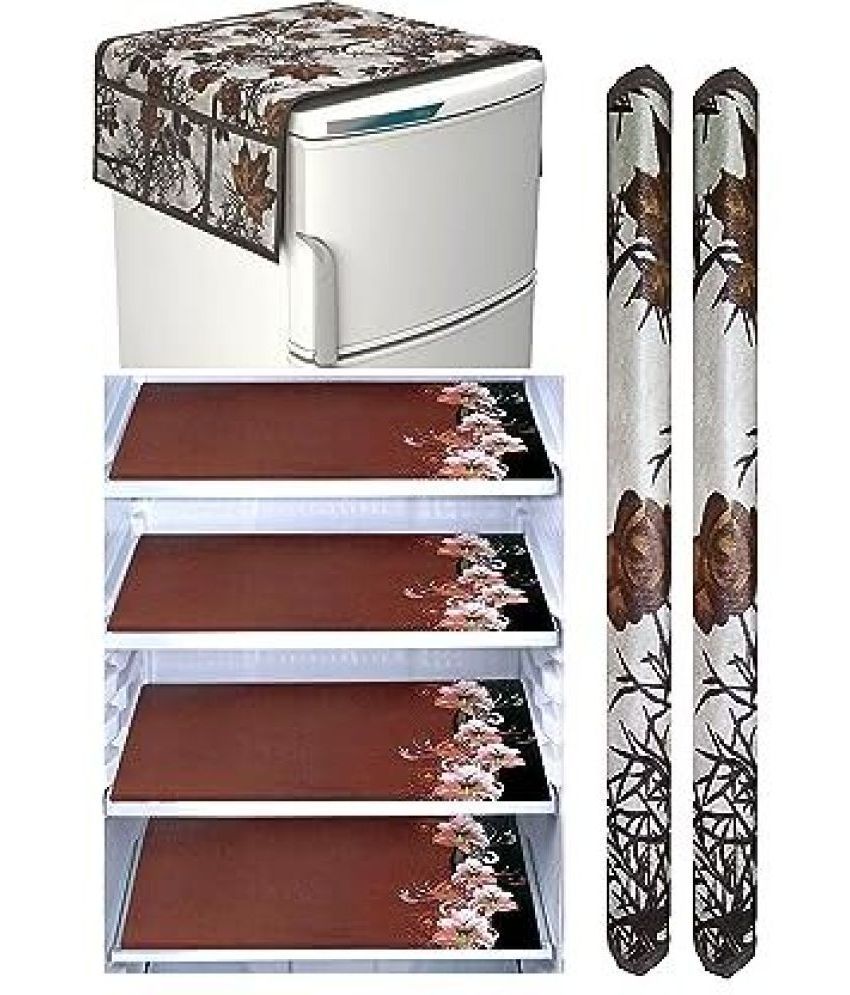     			Crosmo Polyester Floral Printed Fridge Mat & Cover ( 64 18 ) Pack of 7 - Beige