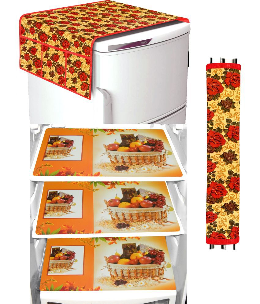    			Crosmo Polyester Floral Printed Fridge Mat & Cover ( 64 18 ) Pack of 5 - Yellow