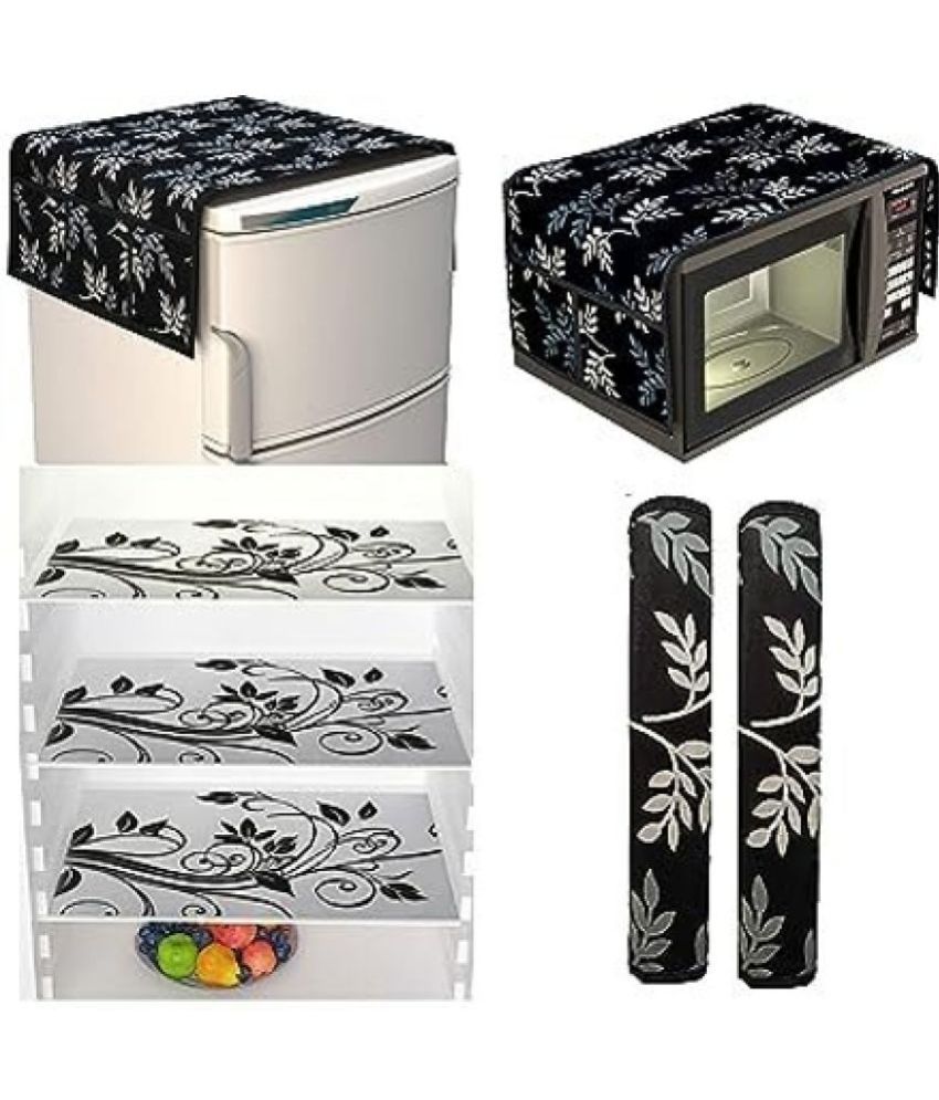     			Crosmo Polyester Floral Printed Fridge Mat & Cover ( 64 18 ) Pack of 7 - Black