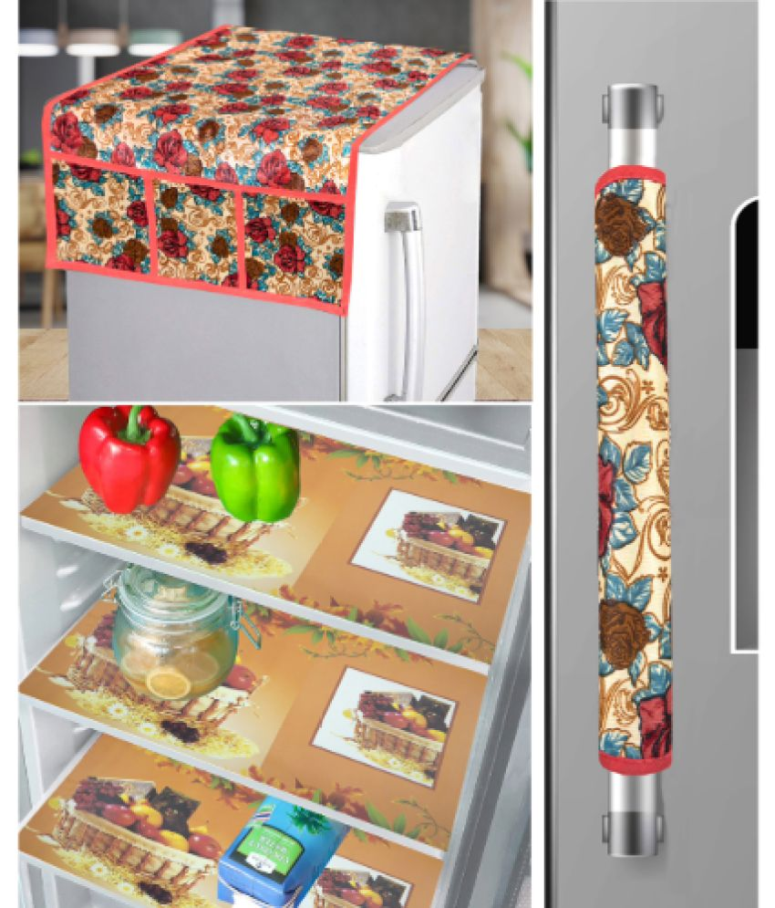     			Crosmo Polyester Floral Printed Fridge Mat & Cover ( 64 18 ) Pack of 5 - Multicolor