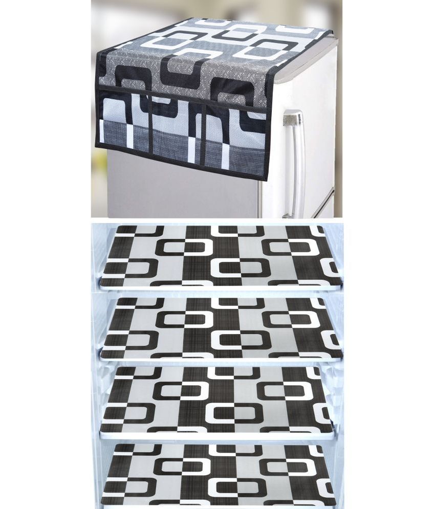     			Crosmo Polyester Geometric Fridge Mat & Cover ( 64 18 ) Pack of 5 - Black