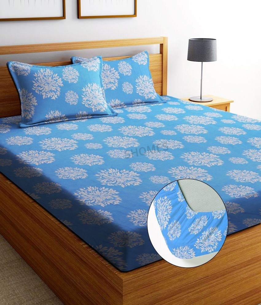     			SHOMES Cotton Floral Fitted 1 Bedsheet with 2 Pillow Covers ( Double Bed ) - Blue