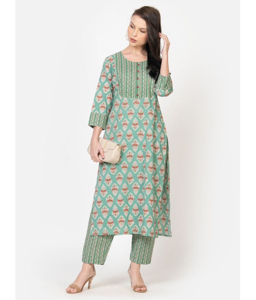     			Vyom Tara Cotton Printed Kurti With Pants Women's Stitched Salwar Suit - Green ( Pack of 1 )