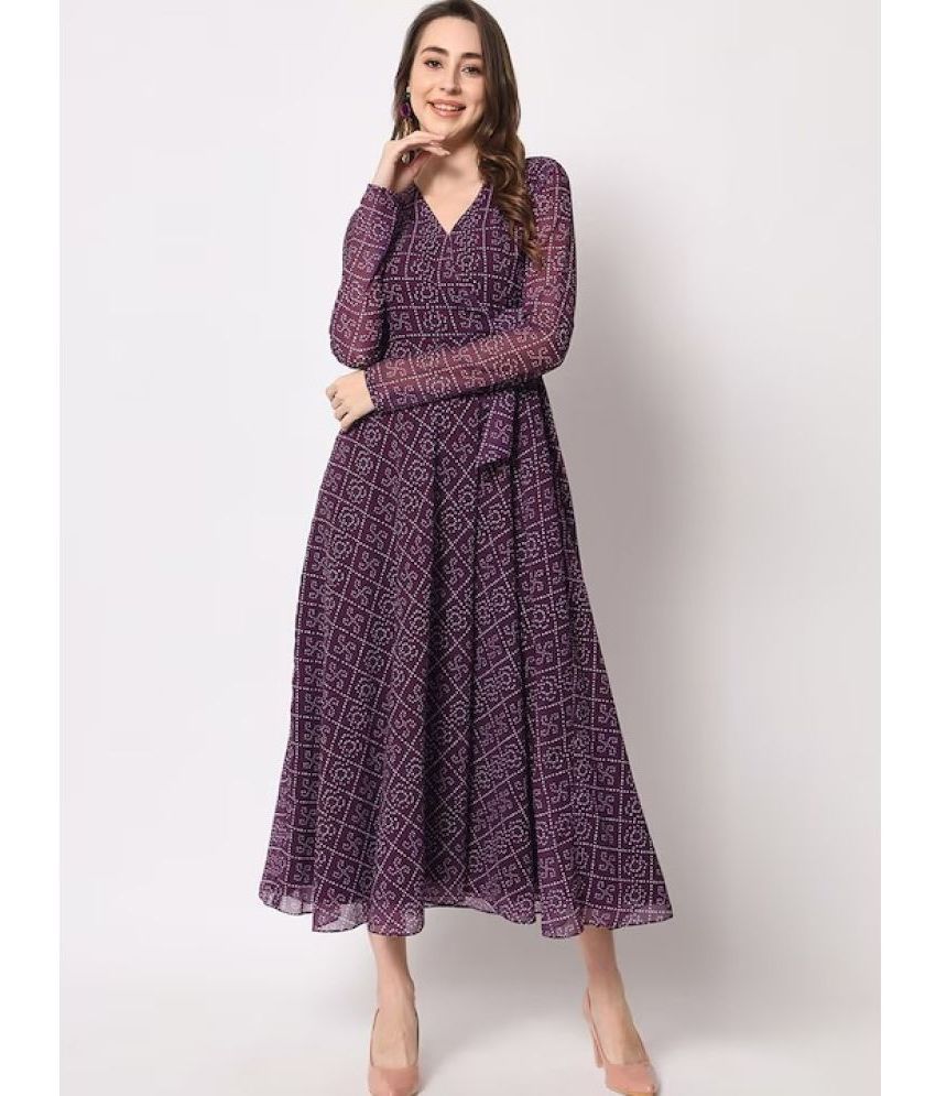     			kedar fab Georgette Printed Midi Women's Fit & Flare Dress - Purple ( Pack of 1 )