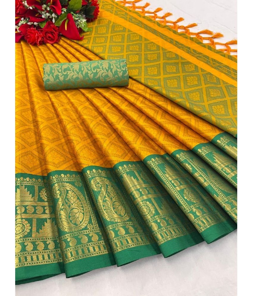     			Aika Banarasi Silk Embellished Saree With Blouse Piece - Yellow ( Pack of 1 )