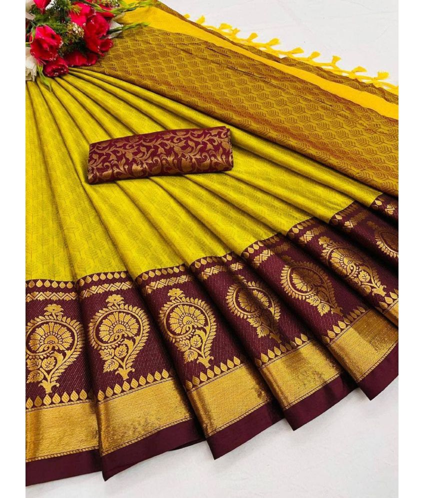     			Aika Cotton Silk Embellished Saree With Blouse Piece - Yellow ( Pack of 1 )