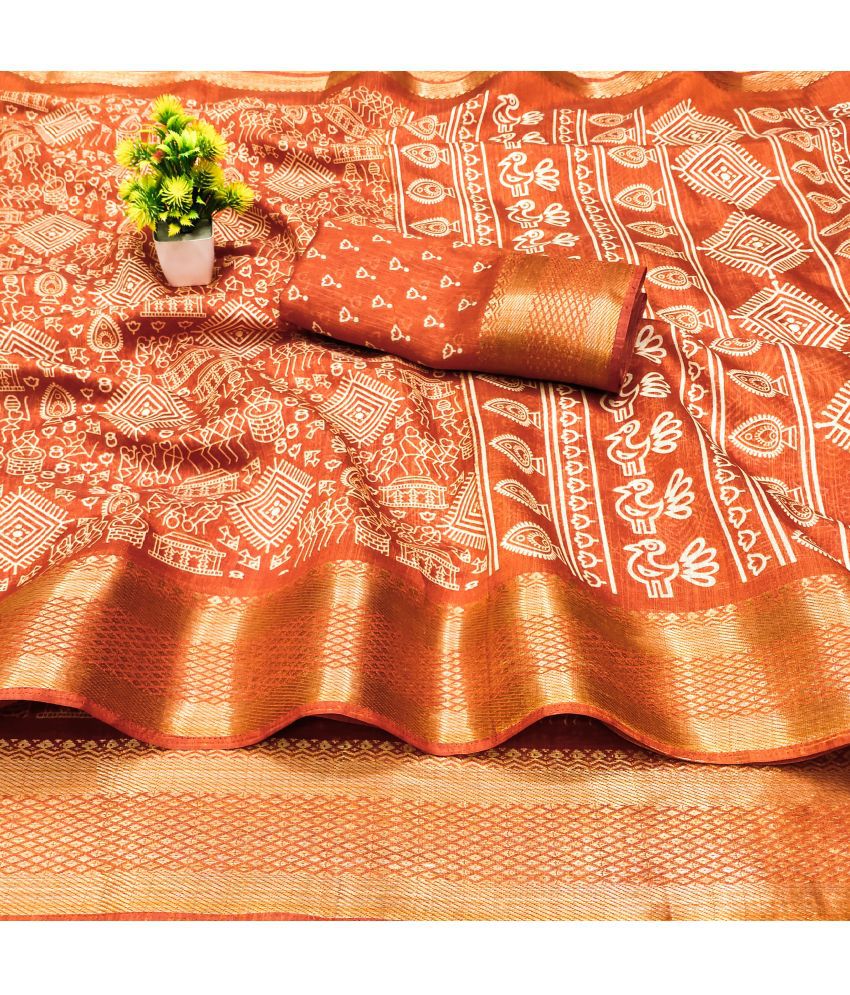     			HEMA SILK MILLS Cotton Silk Printed Saree With Blouse Piece - Orange ( Pack of 1 )
