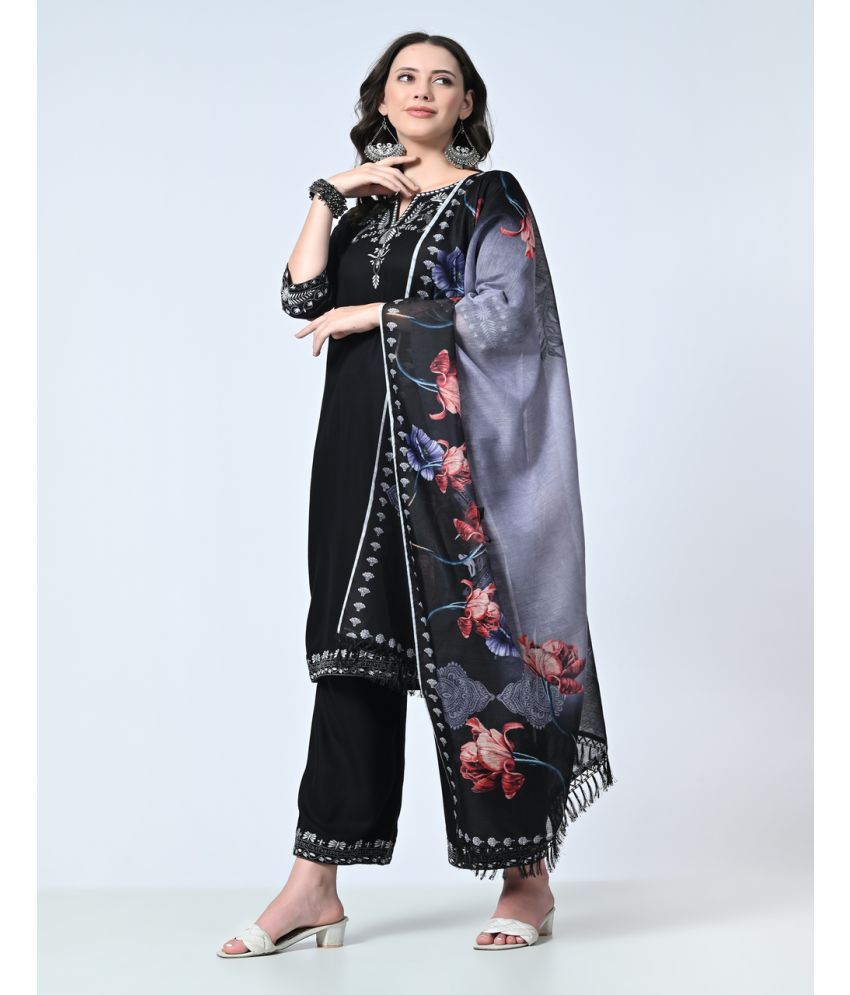     			Neel & Ned Viscose Embroidered Kurti With Palazzo Women's Stitched Salwar Suit - Black ( Pack of 1 )