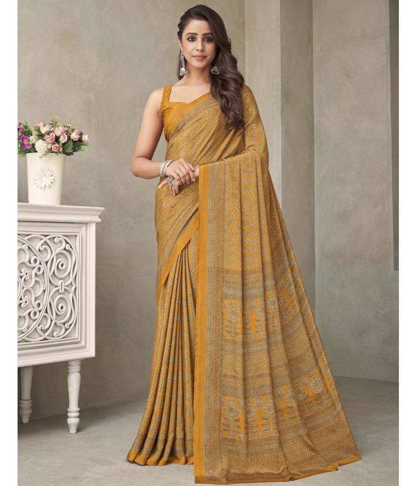     			Samah Crepe Printed Saree With Blouse Piece - Mustard ( Pack of 1 )