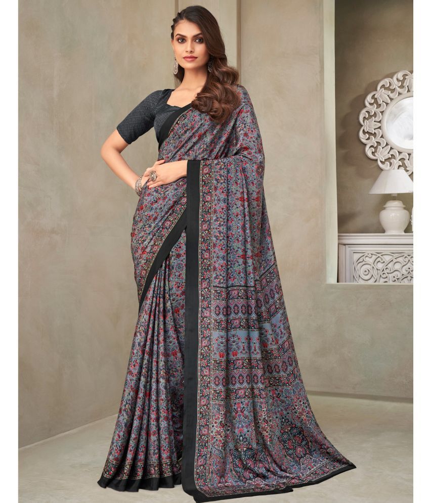     			Samah Crepe Printed Saree With Blouse Piece - Grey ( Pack of 1 )