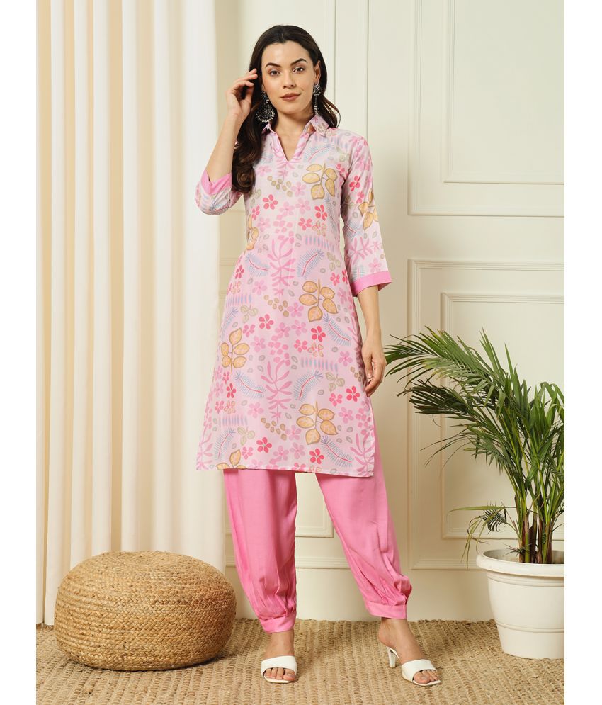     			gufrina Polyester Printed Kurti With Pants Women's Stitched Salwar Suit - Pink ( Pack of 1 )