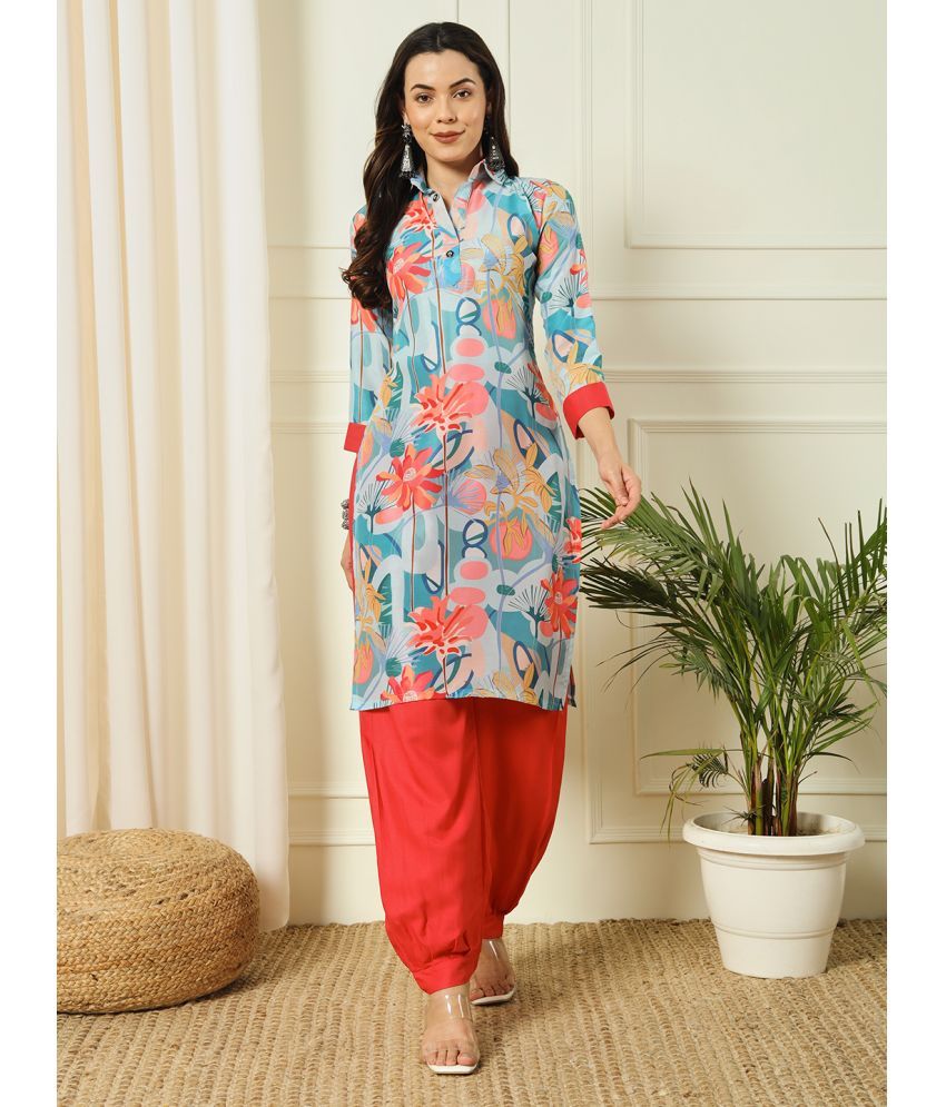     			gufrina Polyester Printed Kurti With Pants Women's Stitched Salwar Suit - Light Blue ( Pack of 1 )