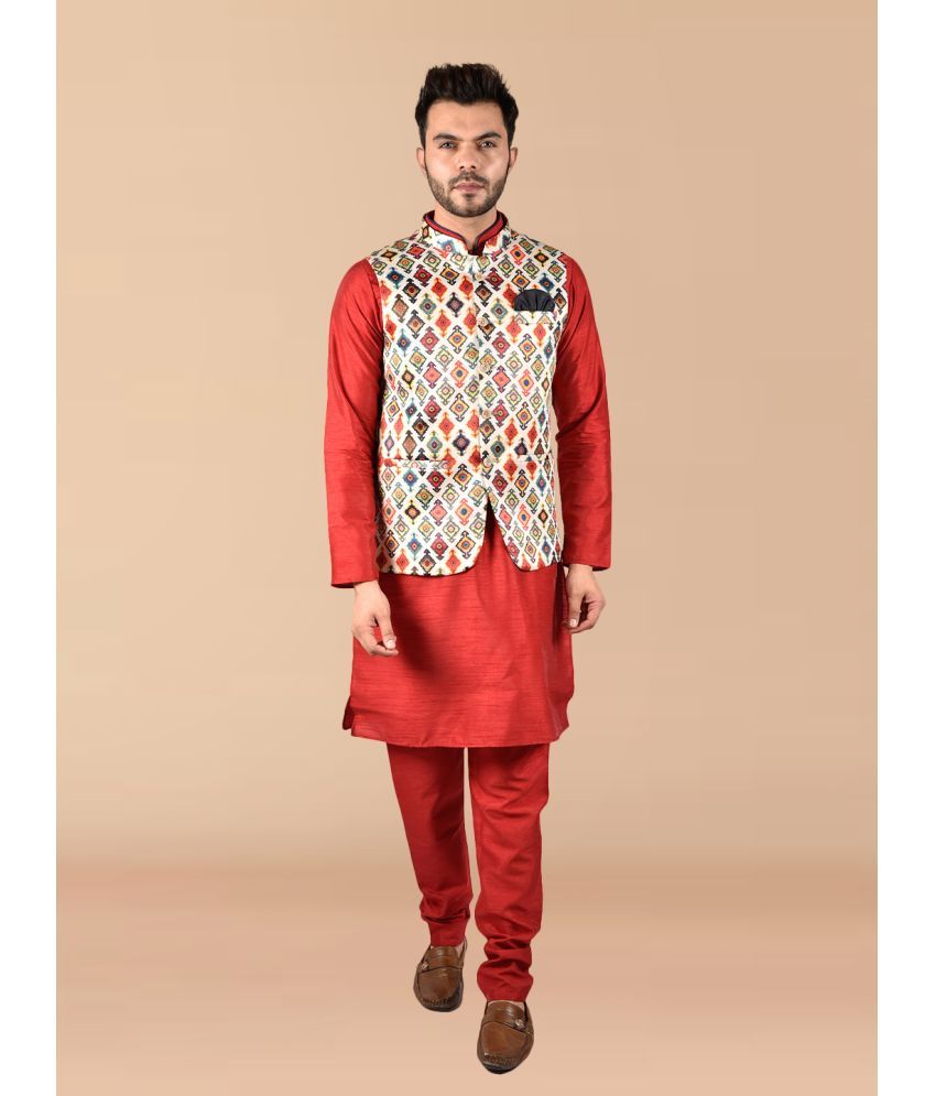     			PRINTCULTR Red Silk Regular Fit Men's Kurta Pyjama Set ( Pack of 1 )