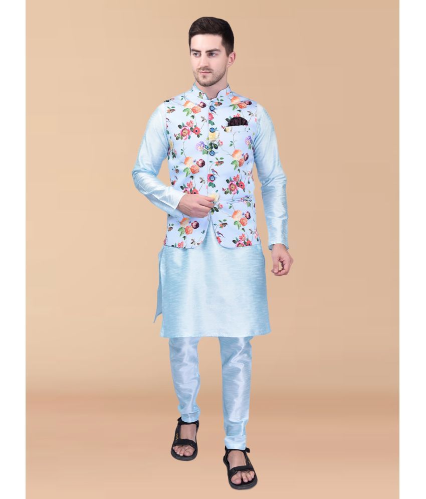     			PRINTCULTR Sky Blue Silk Regular Fit Men's Kurta Pyjama Set ( Pack of 1 )