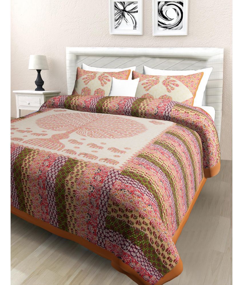     			Poorak Cotton Abstract Printed 1 Double Bedsheet with 2 Pillow Covers - Orange