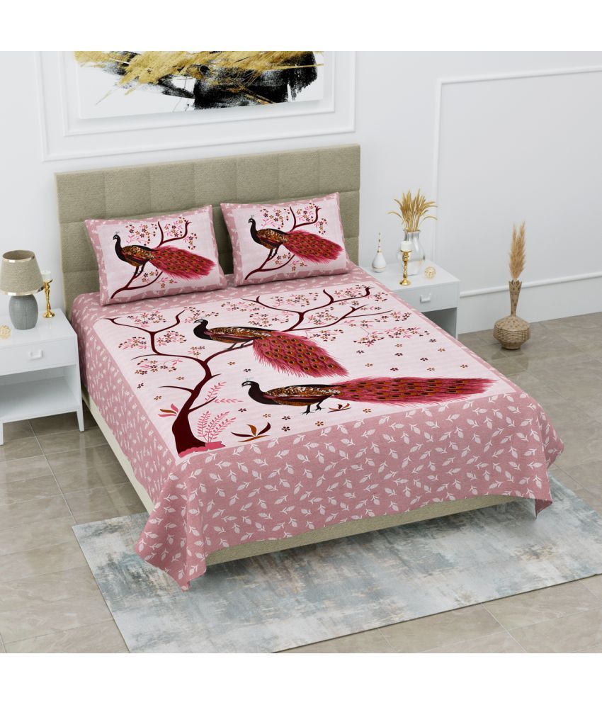     			Poorak Cotton Abstract Printed 1 Double Bedsheet with 2 Pillow Covers - Pink