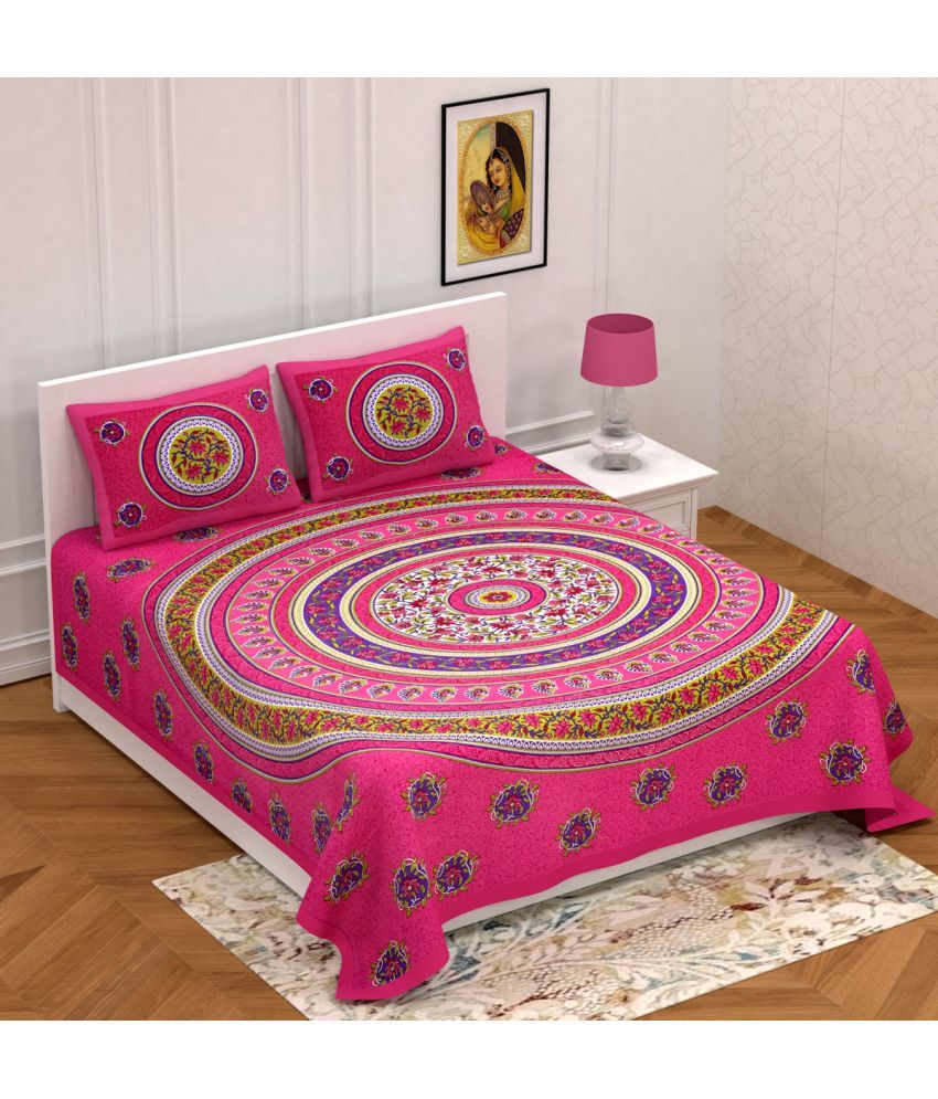     			Poorak Cotton Abstract Printed 1 Double Bedsheet with 2 Pillow Covers - Pink