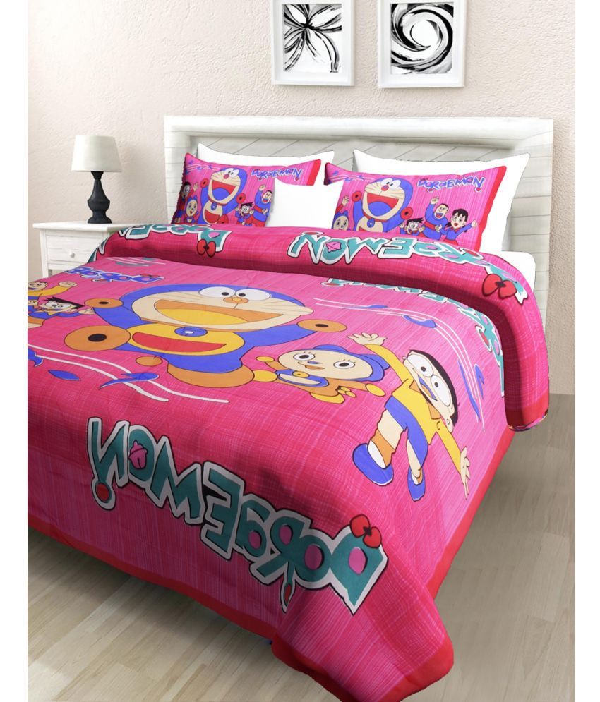     			Poorak Cotton Abstract Printed 1 Double Bedsheet with 2 Pillow Covers - Pink