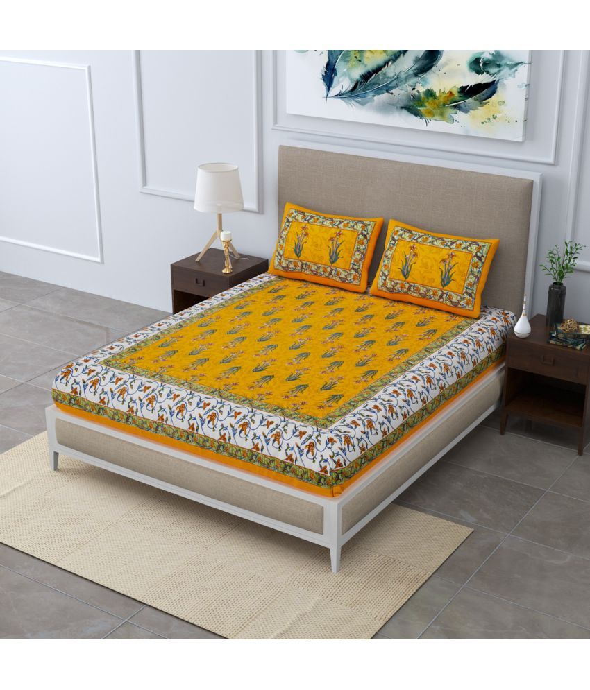     			Poorak Cotton Abstract Printed 1 Double Bedsheet with 2 Pillow Covers - Yellow