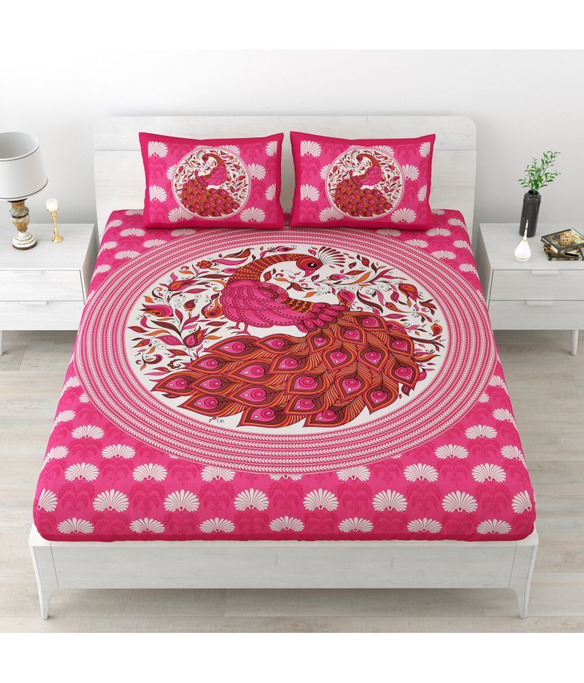     			Poorak Cotton Abstract Printed 1 Double Bedsheet with 2 Pillow Covers - Pink