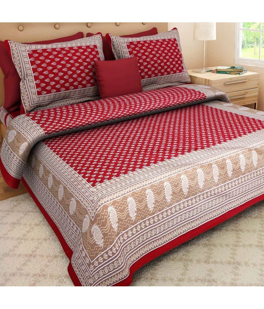     			Poorak Cotton Abstract Printed 1 Double Bedsheet with 2 Pillow Covers - Red