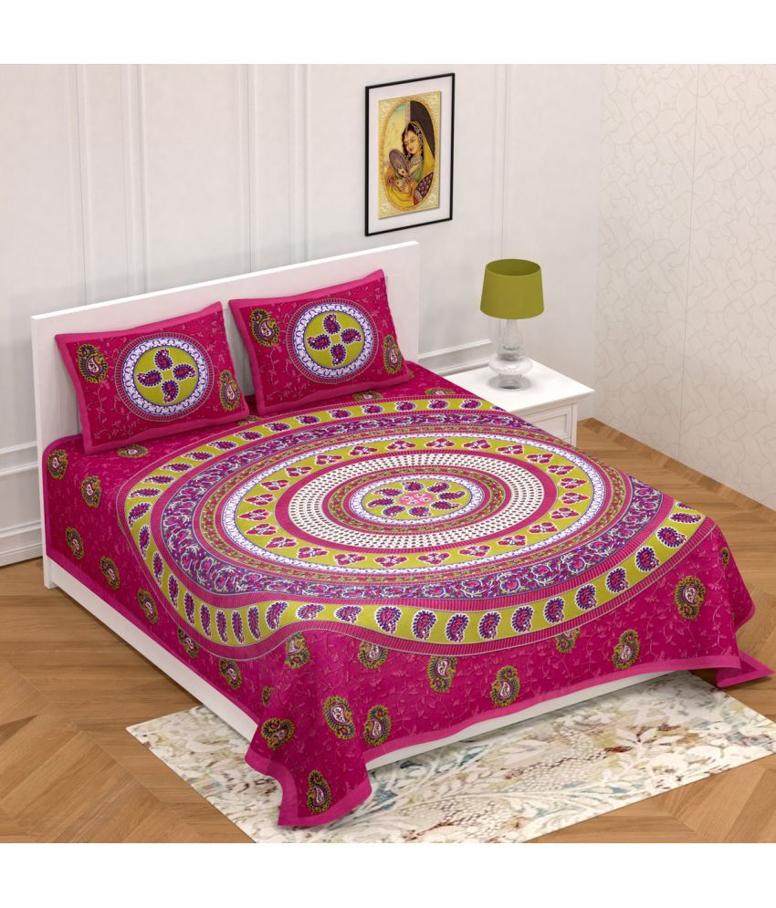     			Poorak Cotton Abstract Printed 1 Double Bedsheet with 2 Pillow Covers - Pink