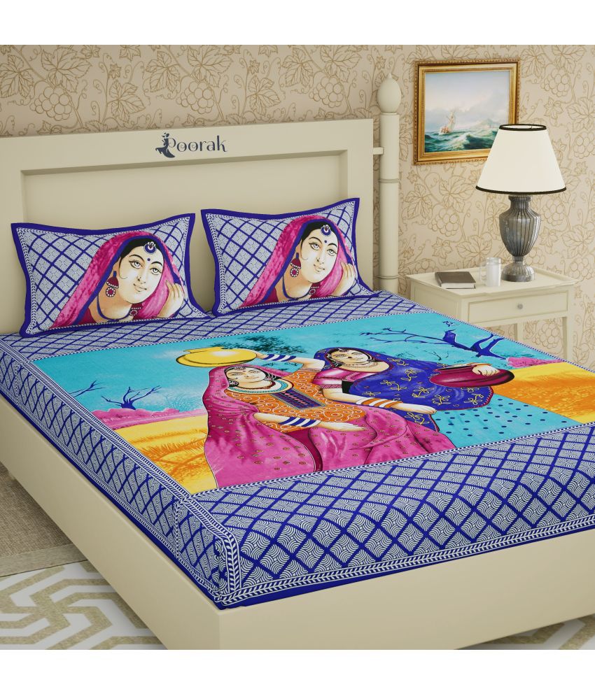     			Poorak Cotton Abstract Printed 1 Double Bedsheet with 2 Pillow Covers - Blue